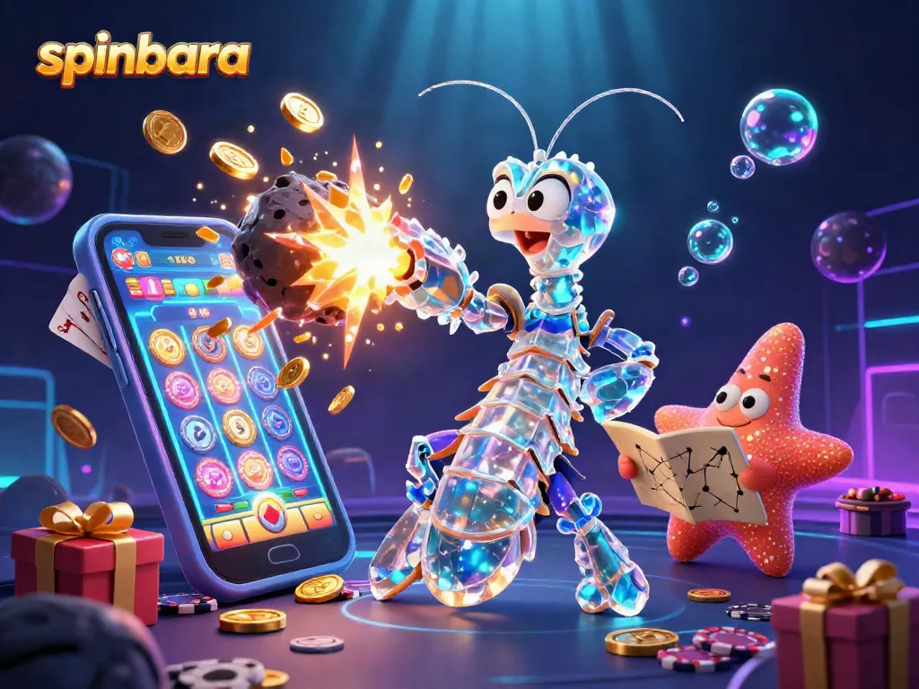 Spinbara's galactic samurai mantis shrimp punches through an asteroid, unveiling treasures and vibrant casino elements.