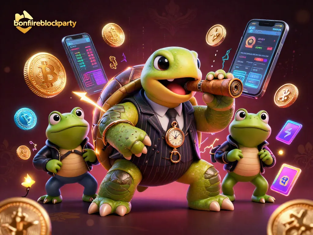Engage in the bonfireblockparty excitement with a vibrant 3D casino illustration featuring colorful crypto elements.