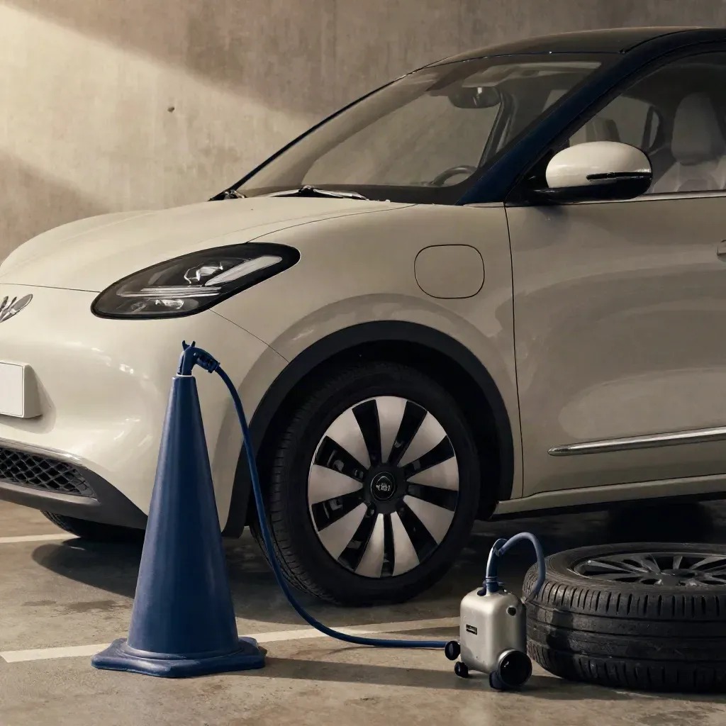 Coche eléctrico compacto en un garaje limpio con cable de carga, cono de emergencia y compresor.