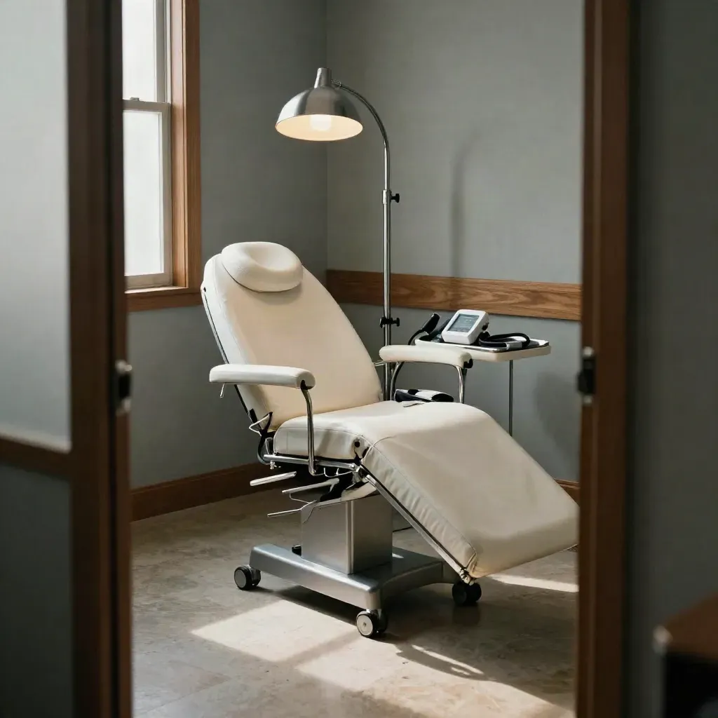 Consulta médica vacía con sillón reclinable, tensiómetro, otoscopio y manta doblada, lista para atender.