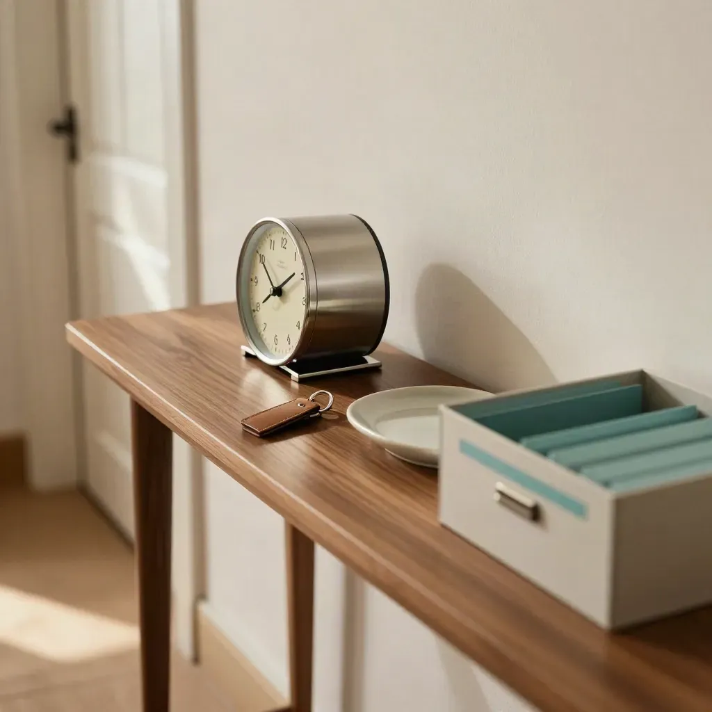 Consola de entrada con reloj, llavero, bandeja y archivador cerrado con separadores teal.