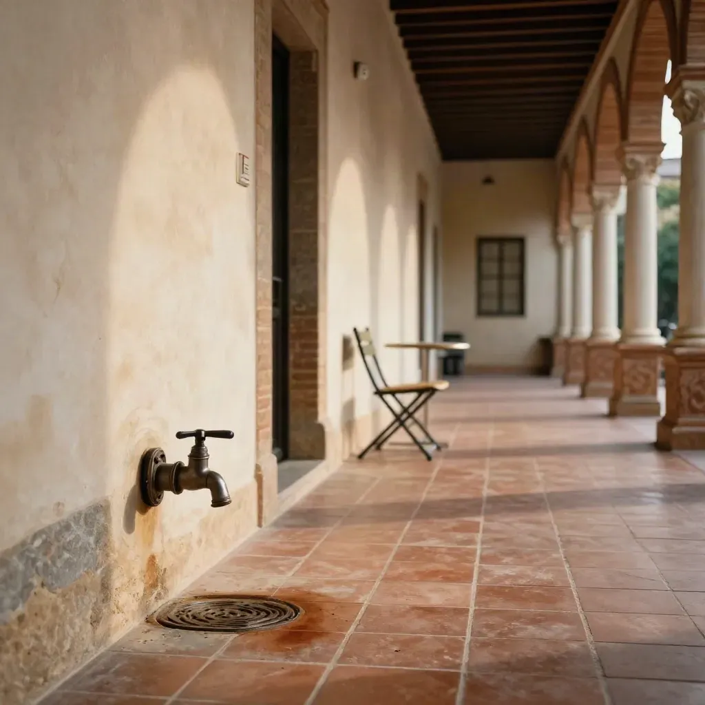 Patio sevillano restaurado con suelo de barro, válvula de agua, detector de humo y silla plegada.