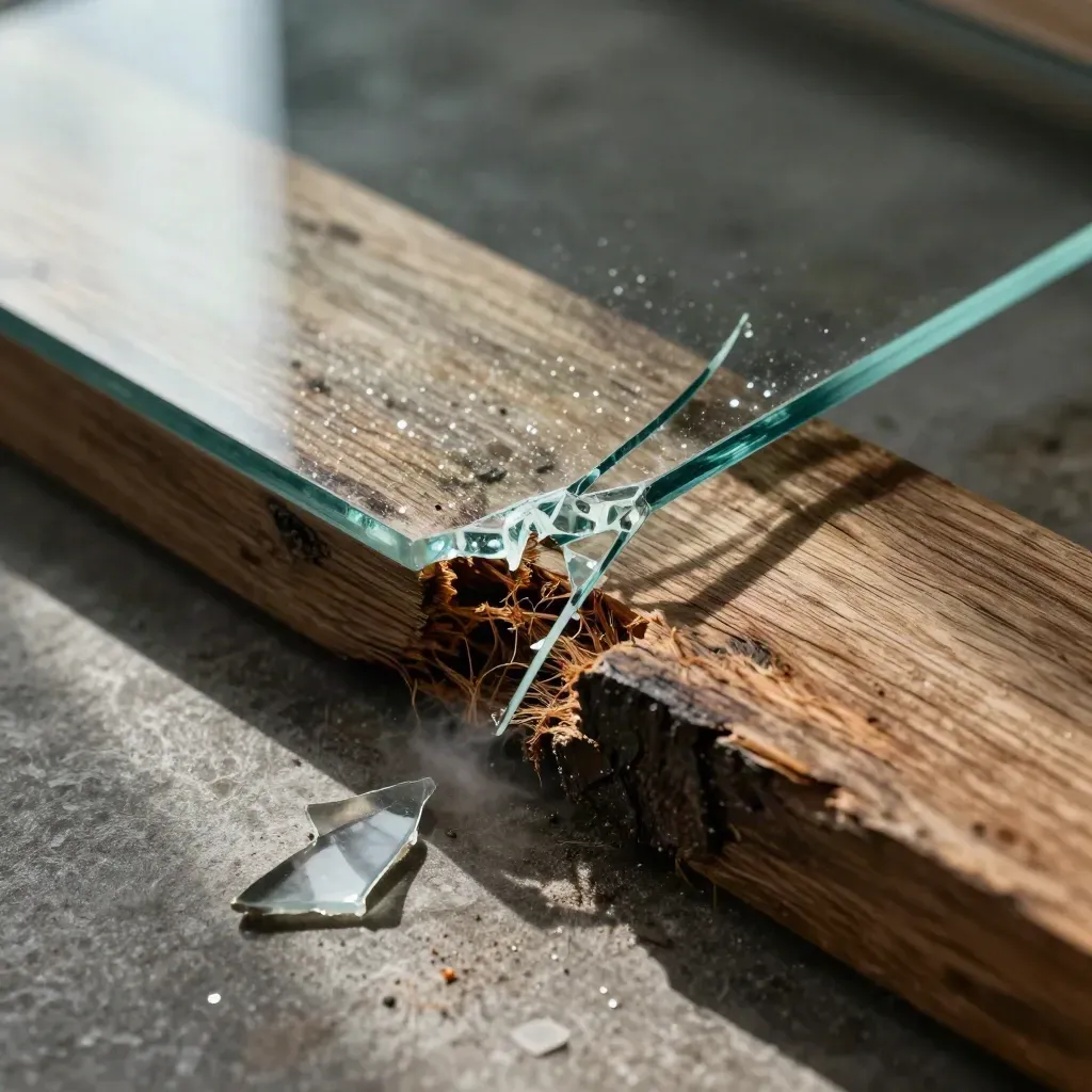 Vidrio templado astillado, madera hinchada por agua y resina de reparación en macro