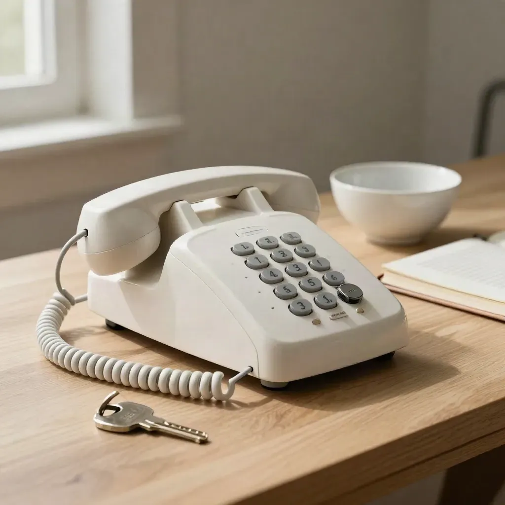 Teléfono fijo, llave de casa, cuenco blanco y libreta cerrada sobre madera clara.