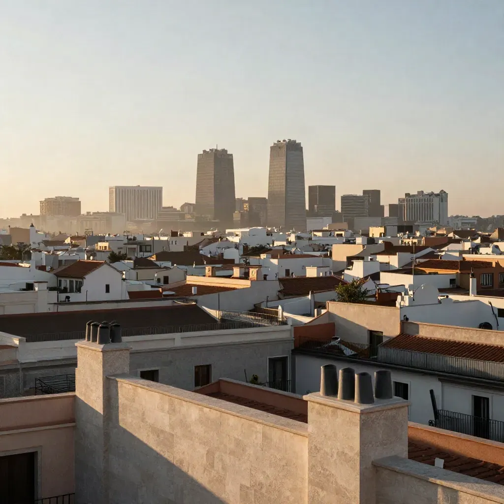 Madrid al amanecer con las Cuatro Torres sobre una ciudad baja y difuminada por la calima.