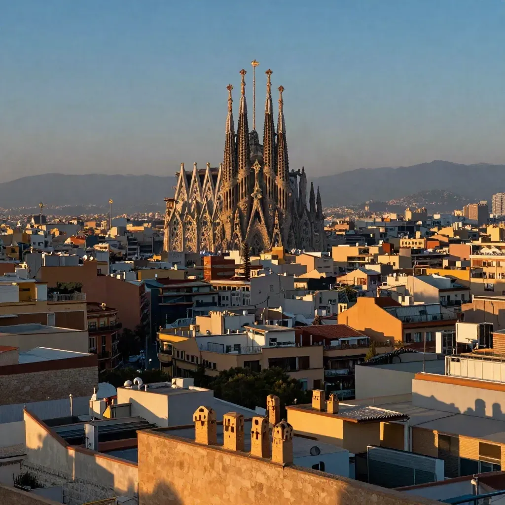 Barcelona desde altura con la Sagrada Família y el Eixample dorados por la bruma mediterránea.