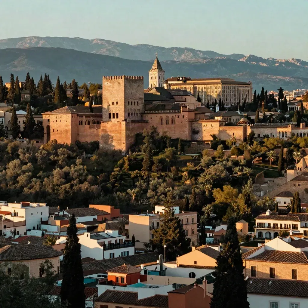 Granada al atardecer con la Alhambra arriba y Sierra Nevada al fondo