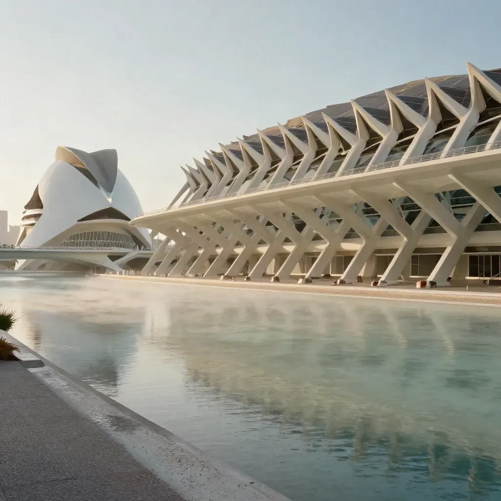 Ciudad de las Artes y las Ciencias sobre el antiguo cauce del Turia en una mañana clara.