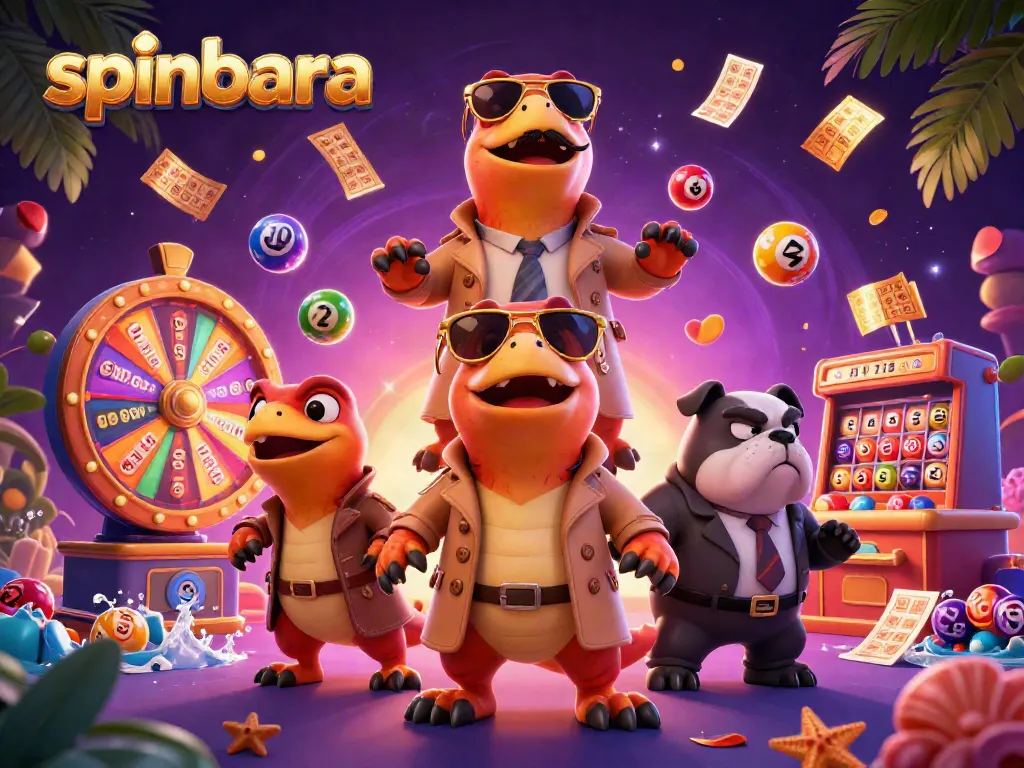 Engage in the fun at spinbara casino with raptors sneaking into a VIP lounge amid colorful lottery elements.