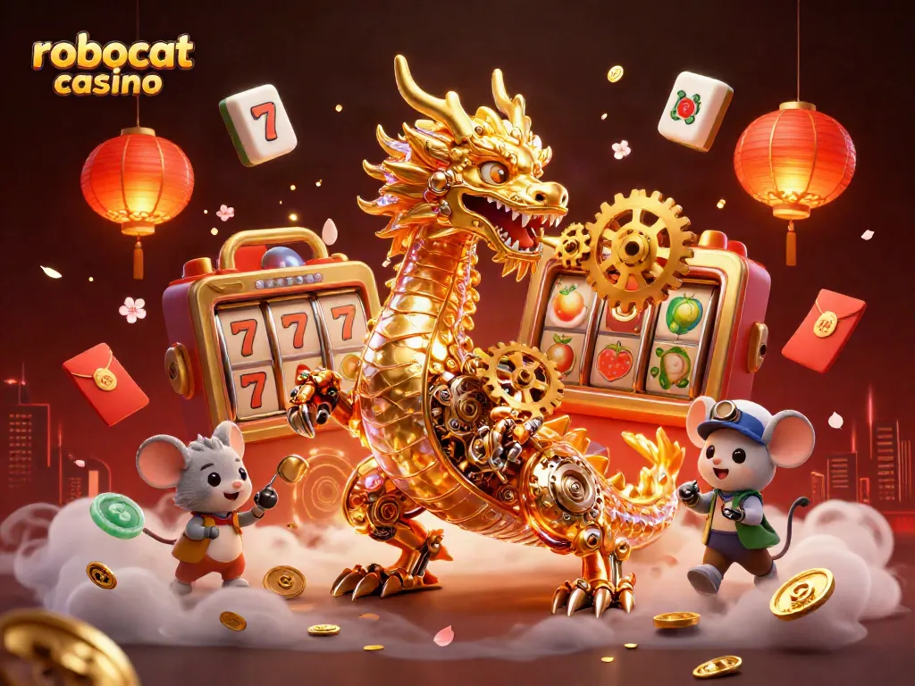 Play thrilling games at robocat casino with a golden dragon and engaging slot elements in a dynamic scene.