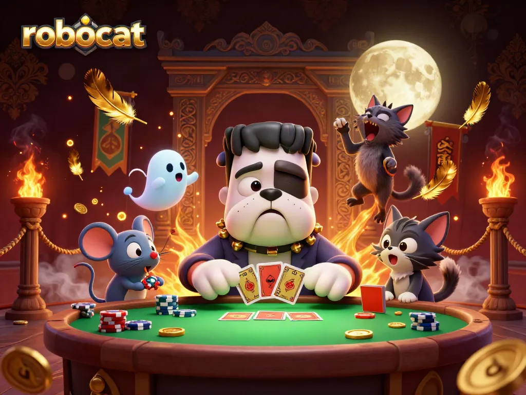 Robocat casino offering thrilling card games at a ghostly table with spooky characters.